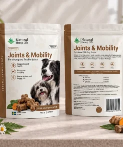 Vorder- und Rückseite des Beutels CBD Hundeleckerli Joints & Mobility 125mg von Natural Hemp Life