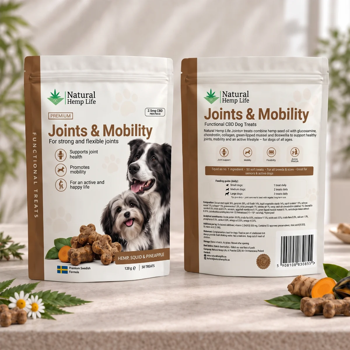 Vorder- und Rückseite des Beutels CBD Hundeleckerli Joints & Mobility 125mg von Natural Hemp Life
