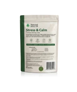 Rückseite des Beutels CBD Hundeleckerli Stress & Calm mit Zutaten, analytischen Bestandteilen und Fütterungsempfehlung