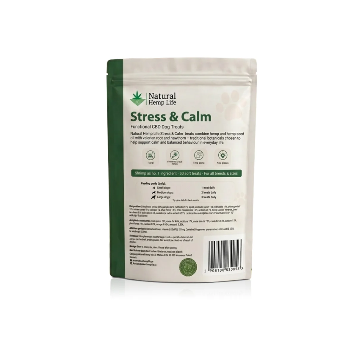 Rückseite des Beutels CBD Hundeleckerli Stress & Calm mit Zutaten, analytischen Bestandteilen und Fütterungsempfehlung