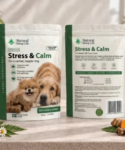 Vorder- und Rückseite des Beutels CBD Hundeleckerli Stress & Calm 125mg von Natural Hemp Life