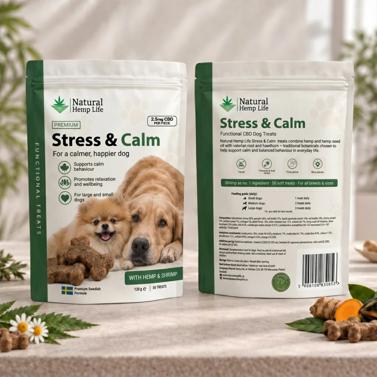 Vorder- und Rückseite des Beutels CBD Hundeleckerli Stress & Calm 125mg von Natural Hemp Life