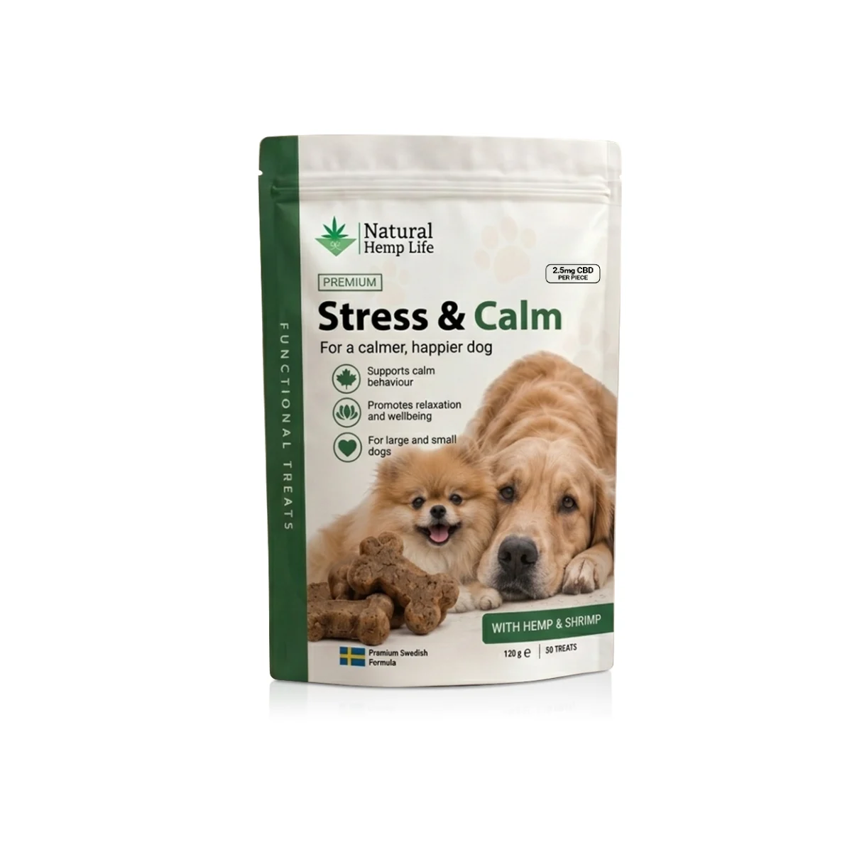 CBD Hundeleckerli Stress & Calm 125mg von Natural Hemp Life, 50 beruhigende weiche Kauhappen für einen entspannten Hund